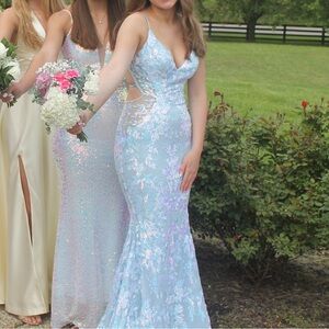 Blue Sequin Plunge Neck Sleeveless Gown for Prom